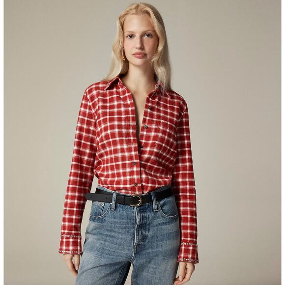 J.Crew Embellished Shrunken Button Up Shirt Plaid Brushed Cotton Oxford US 2 NWT - Picture 1 of 14